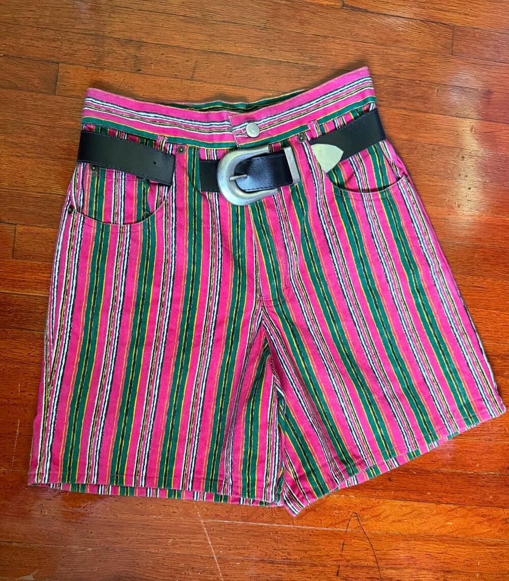 Vintage 90s Belted Cotton Express Pink Green Striped High Waisted Shorts XS S